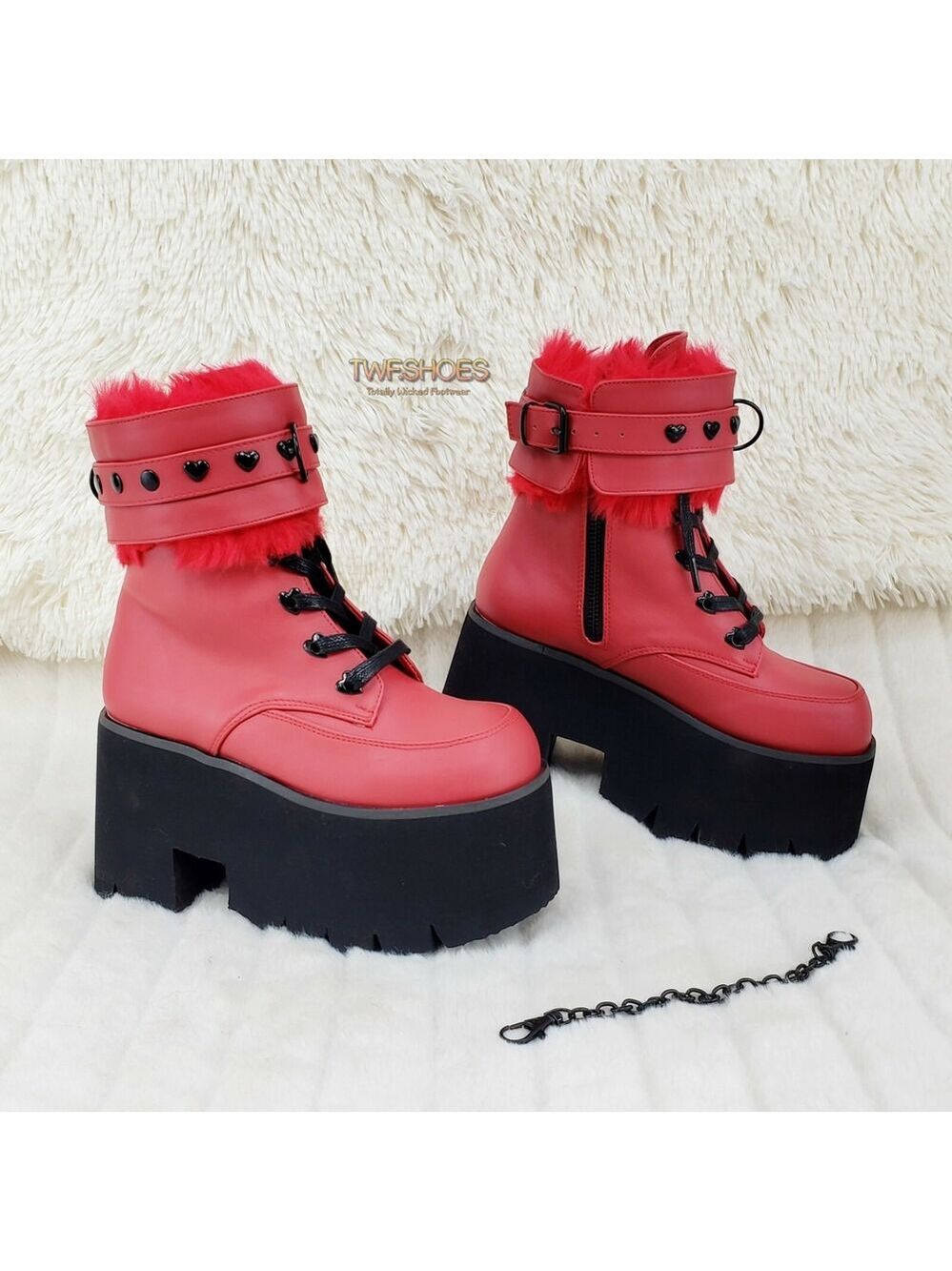 NIB Ashes 57 RED Heart Studs 3.5" Platform Goth Boots Fur Lined Cuffs & Chain NY